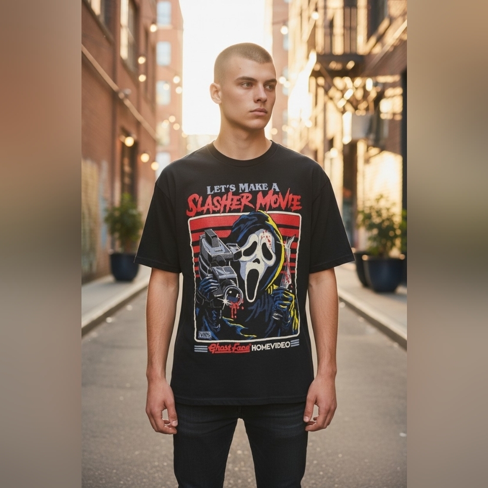 Ghost Face Scream Mens Size Small Let's Make a Slasher Movie Graphic Shirt Y2k
